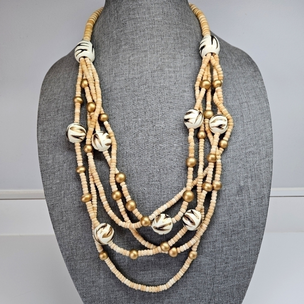 VINTAGE Wooden Animal Print Painted Beaded Statement Necklace